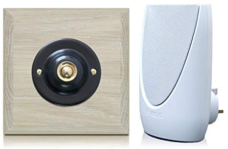 Byron 100m Wireless Period Plug-in Doorbell kit Push on Plinth (Natural Oak 42-Black/Brass)
