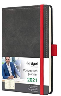SIGEL C2158 Terminplaner Wochenkalender 2021, ca. A6, Hardcover, Vintage, Leder-Optik dunkelgrau, mit vielen Extras, Conceptum - weitere Modelle