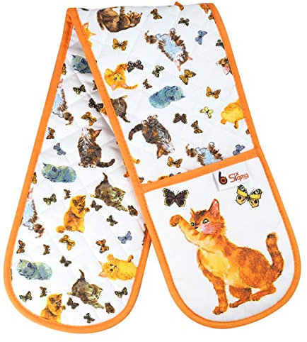 Sterling Sports®DOUBLE OVEN GLOVES MITT 100% COTTON FLORAL NOVELTY KITCHEN COOKING New Range BBQ (Cats with Butterfly)