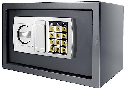 Elektronischer Safe Tresor 31x20x20cm LED Doppelbolzenverriegelung Tragbar Elektronik Zahlenschloss Möbeltresor mit 2 Notschlüssel Feuerfest Wasserdicht Wandtresor Haussafe Grau