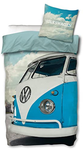 VW Volkswagen Bulli Bettwäsche Sky Blau 135 cm x 200 cm + 80 cm x 80 cm 100% Baumwolle Renforcé-Linon-Qualität VW-Bus Oldtimer Retro Typ 2 T1 T2 T3 Camper Van Reißverschluss Deutsche Größe 059-B
