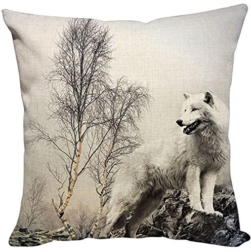 Zomer Kissenbezug,Weißer Wolf,40x40cm,Grau,Quadratisch Dekorative Kissenhülle Baumwolle Leinen Sie Kissenbezüge