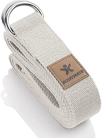 BODYMATE Yogagurt Mit Metallverschluss - Band für Anfänger und Fortgeschrittene, Schlaufe aus 100% Baumwolle, 250cm Lang und 3,8cm Breit, Nature