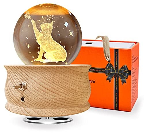 Wholede Kristallkugel Spieluhr, Hölzerne Spieluhr mit 360 ° Rotierende, Warmem Projektionsfunktion, Beruhigende Musik, LED Mond Lampe Geschenk für Frauen, Geburtstagsgeschenk