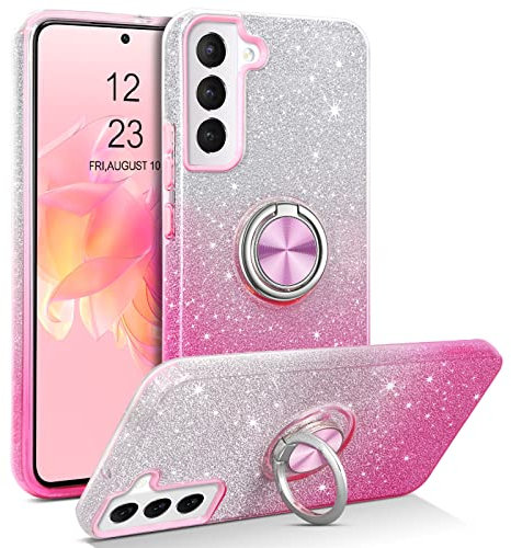DOMAVER Glitzer Hülle für Samsung Galaxy S22, Handyhülle Samsung S22 5G Case mit 360 Grad Ring Ständer, TPU Silikon Stoßfeste Kratzfest Crystal Schutzhülle für S22 6.1, Farbverlauf Rosa
