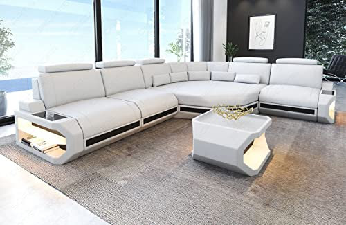 Ledersofa Asti als L Form Sofa in Leder mit Kopfstützen und LED Beleuchtung (Ecke rechts, Weiss-Schwarz)