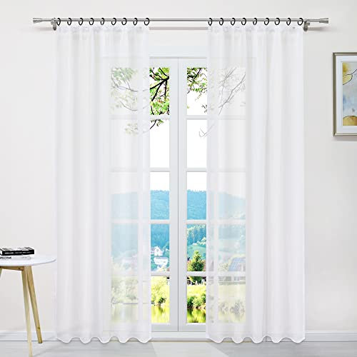 ESLIR Gardinen mit Kräuselband Vorhänge Fensterschal Transparent Schlaufenschal Voile Schal Uni Milchweiß BxH 145x260cm 1 Stück