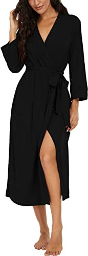 PrinStory Bademantel Damen Weich Morgenmantel Kimono V-Ausschnitt Reisebademantel Leicht Nachtwäsche Lang Saunamantel (Schwarz, L)