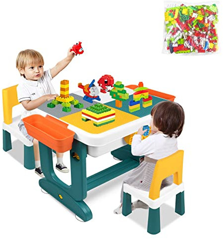 Froadp Kindertisch Multifunktionaler Aktivitätstisch für Kinder Spieltisch mit Stuhl Aufbewahrungsbox und Bausteine Spieltisch Set Basteltisch Tisch & Stuhlsets für Jungen und Mädchen (Typ B)