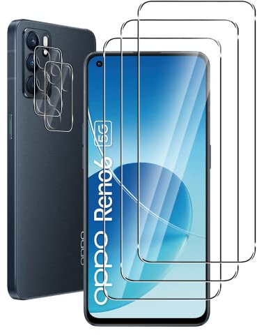 FWang Lot de 3 Verre Trempé de Protection pour Oppo Reno 6 5G,avec 2 Pièces Caméra Arrière Protecteur,Anti-Rayures,9H Dureté,sans Bulles,HD Protection DéCran