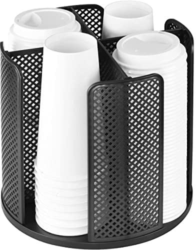 Pcapzz Cup Dispenser 360° Rotatable 4 Compartment Cups and Lids Holder Detachable Desktop Coffee Cup Dispenser Multifunctional Cup Organizer Cosmetic Rack for Bathroom Bar Coffee Station(Black)