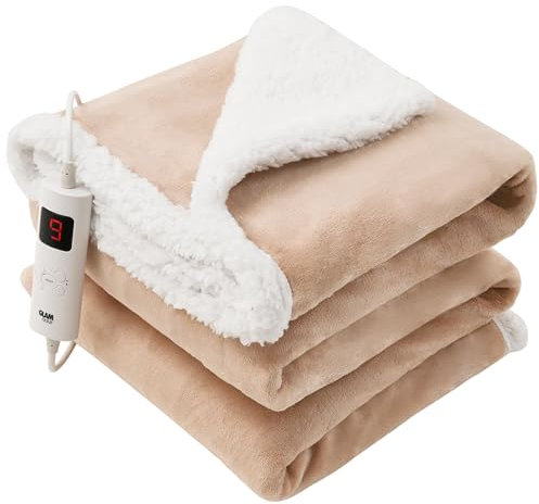 GlamHaus Heated Throw Electric Fleece Over Blanket Sofa Bed Large 160 X 130cm - 9 Heat and Timer Auto Shut Off Soft Reversible Design Digital Control Machine Washable (Toasted Almond) (GH1213TPX)