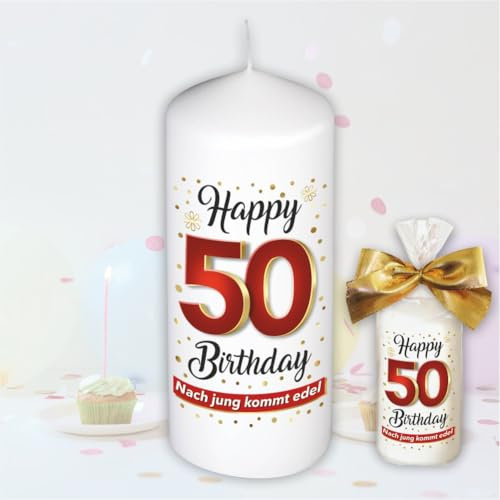 Stumpenkerze - Geburtstagskerze zum 50. Geburtstag, Happy Birthday - Für Dich | Motive auf Tattoofolie | Geschenkfolie und goldener Schleife | Kerze mit Geburtstagszahl Zahl in Geschenkverpackung
