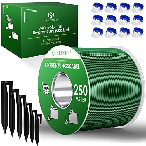 KESSER® Begrenzungskabel 250m + 800 Erdspieße + 12 Kabelverbinder für Mähroboter Rasenmäher Rasenroboter Zubehör Set Begrenzungsdraht Universal kompatibel mit Gardena/Bosch/Worx/Einhell/Honda/ROBOMOW