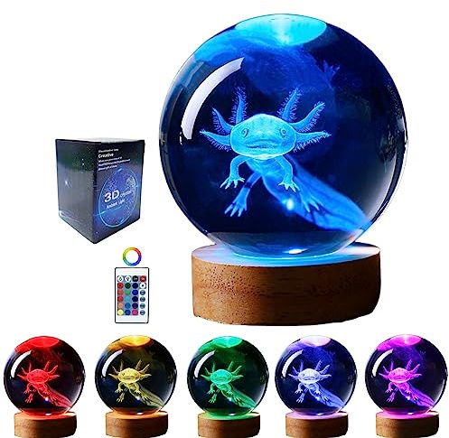 Lámpara de axolotl, 8 cm, bola de cristal 3D K9, luz nocturna con base de madera, cambio de 16 colores, control remoto, caja de color, regalo de cumpleaños y Navidad