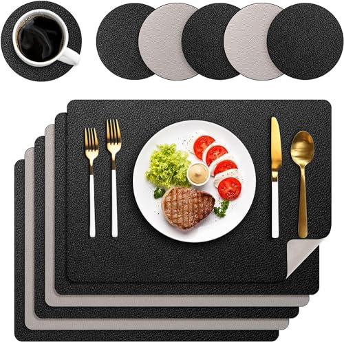 Platzsets Abwaschbar 6er Set, Tischsets Lederoptik Platzdeckchen Abwischbar Doppelseitiges Platzset mit Untersetzer für Küche, Haus, Restaurant, 43x30cm (Schwarz)