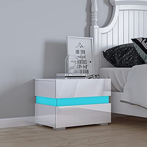 Nachttisch mit LED Licht Nachtschrank Endtisch 2 Schubladen und Hochglanz Kommode Beistelltisch für Schlafzimmer Wohnzimmer Weiß