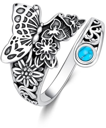 OHAYOO Schmetterling Ring Damen Silber 925 Verstellbarer Offener Ring Vintage Ringe Türkis Schmuck Schmetterling Geschenke für Damen Mädchen Teenager Frauen