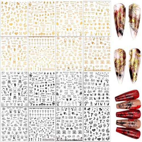 16 Blatt Halloween Nagelsticker Nagelaufkleber Halloween Nail Stickers Skull Kürbis Fledermaus selbstklebende Nagel Abziehbilder Halloween DIY Nagel Kunst Dekoration