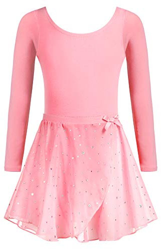 Arshiner Ballettanzug Mädchen Ballett Trikot Ballettkleid Kinder mit TüTü Rock Langarm Baumwolle Balletttrikot Ballettanzug Dunkelrosa 120