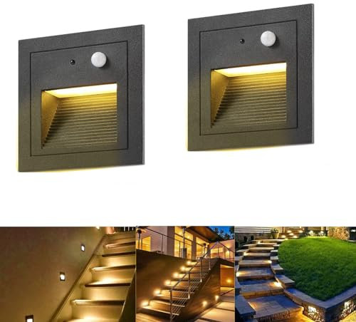 SUBOSI 2er LED Treppenlicht Wandeinbauleuchte Aluminium 3W 230V Warmweiß Treppenbeleuchtung außen mit Bewegungsmelder,Wandleuchte Stufenlicht IP65 Wasserdicht