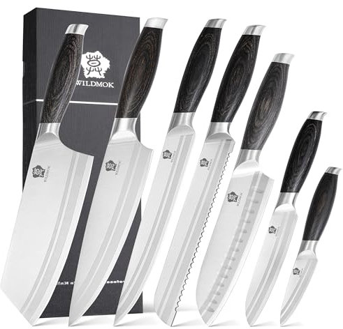 WILDMOK Professionelles 7-teiliges Küchenmesserset, scharfes Kochmesserset aus deutschem Edelstahl mit schwarzem Pakkaholzgriff, Geschenkbox