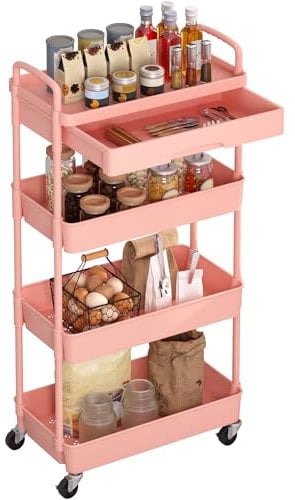 Dttwacoyh, 1 carrello in plastica a 4 livelli, carrello portaoggetti su ruote con cassetti, carrello per il bagno, Dei di stoccaggio, dormitorio/noleggio/piccoli oggetti essenziali per la casa, rosa