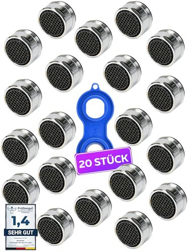 20 Stk. Wasserhahn Aufsatz Strahlregler M24 Wasserfluss 5 l/min mit Montageschlüssel - High Tech Anti Kalk Wasserhahn Perlator mit Kugelförmige Filter - Aufsatz Perlatoren für Wasserhähne