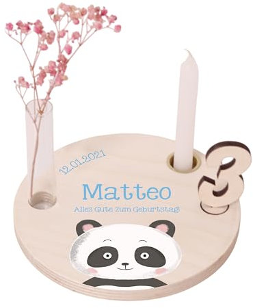 LAUBLUST Personalisierter Geburtstagsteller aus Holz mit Kerzenhalter, Vase & Zahlen - Geburtstagsdeko mit Namen - Panda Motiv | Ø 16.5 cm, Natur - Geburtstagstisch - 1. Geburtstag Kinder Geschenk