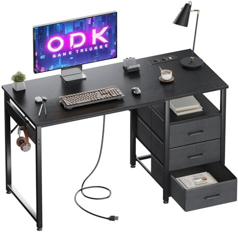 ODK Schreibtisch mit 3 Schubladen aus Stoff, Computertisch mit 2 Steckdosen und USB-Buchsen, Umkehrbarer PC Tisch Bürotisch für Home Office(Schwarz, 120x48x75.5cm)