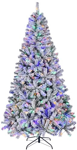 Asinse 5ft/150cm Pre-Lit Snow Flocked Christmas Tree - Premium Artificial Spruce Hinged Xmas Tree with 220 Multicolor LED Lights, White Heavy Snow Flocking,Easy to Assemble with Metal Stand