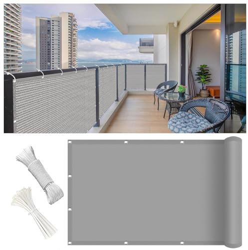 Balkon Sichtschutz Seitlich 100 x 200 cm Meterware, Sonnenschutz Atmungsaktiv Sichtschutz, Pflegeleichtes Sichtschutzmatte Balkonbespannung mit Kabelbinder Kordel für Zaun, Grau