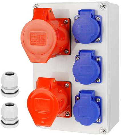 CHENGPI Distribuidor de Corriente para Montaje En Pared, Distribuidor de Corriente con Tomas Schuko IP54 3x230V y Toma de Corriente CEE 16A/32A, IP67 Caja de Distribución Portátil para Edificios