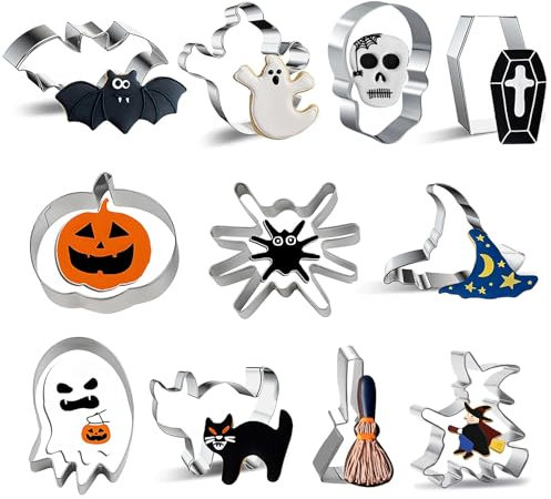CLHXWU 11 Stück Halloween Ausstechform,Edelstahl Halloween Keksausstecher,Fledermaus, Kürbis, Katze, Geist 11 Formen Plätzchen Ausstecher (Halloween)