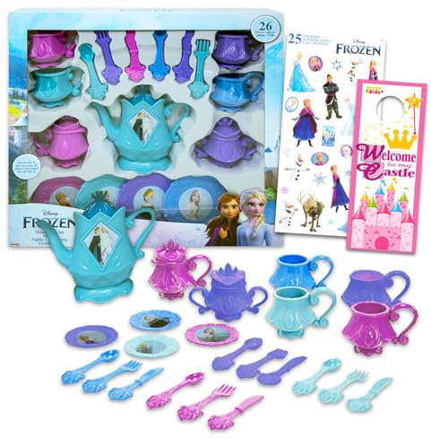 Disney Service à thé La Reine des Neiges – Ensemble de 26 pièces avec décorations de fête de thé La Reine des Neiges, tasses, théière, avec autocollants Anna et Elsa Plus, plus | Service à thé La