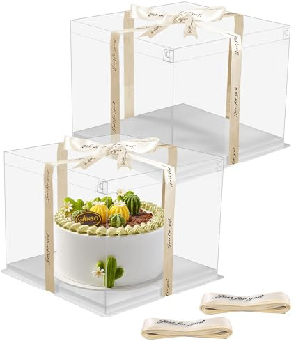 2 Stück Geschenkbox Durchsichtig Tortenschachtel Tortenbox 22*22*23.5cm Tortenkarton Transparent Torten Kuchen Transportbox Geschenkbox Durchsichtig mit Sockel und Band für Geburtstag Dessert