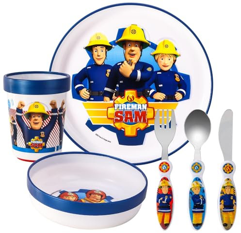 Fireman Sam Kids 6 Piece Reusable Dinner Set - Plate/Bowl/Cup/Knife/Fork/Spoon - Childrens Dinnerware Tableware Cutlery Set