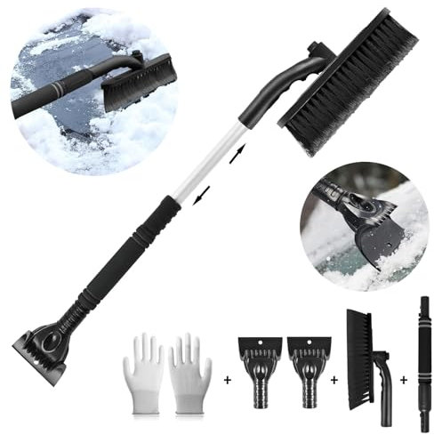 Funnity Eiskratzer Auto mit Besen, Effektiver Schneebesen Auto, Eiskratzer Auto mit Handschuh[Teleskop], Große Kante Borsten & Ergonomischem Schaumstoffgriff & Eiskratzer mit Besen(Schwarz)
