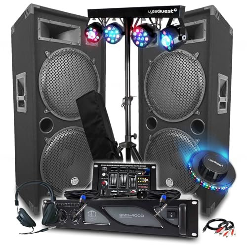 Pack Sono DJ Ampli 4000W, 2 Mega Enceintes 4x38cm de 2x2000W, Table de Mixage Bluetooth, Portiques 8 Lumières LED, Club Bar