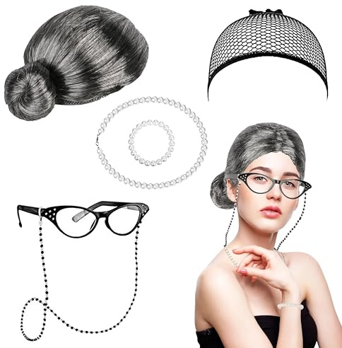6tlg Oma Perücke, Old Lady Kostüm Großmutter Cosplay Zubehör Set, Rentnerin Kostüm mit Brille Brille mit Kette Perlenkette Armband für Fasching Maskerade Cosplay Köln-Karneva Party