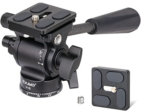 EVUMO V1S Fluid Head, Tripod Fluid Head Pan Tilt Head, 360° Panorama Compact Video Tripod Head, Video Head for DSLR, Camcorder, with 2 Quick Release Plates & Detachable Handle, Max Load 11 lbs/5 kg