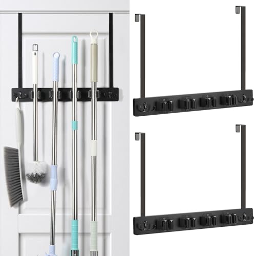 2 Pack Broom Holder Door Mount Black Broom Closet with 2 Over Door Hooks Over the Door Broom and Mop Holder Broom and Mop Organizer Wall Hanging with 4 Racks and 4 Hooks for Laundry Garage Closet Home