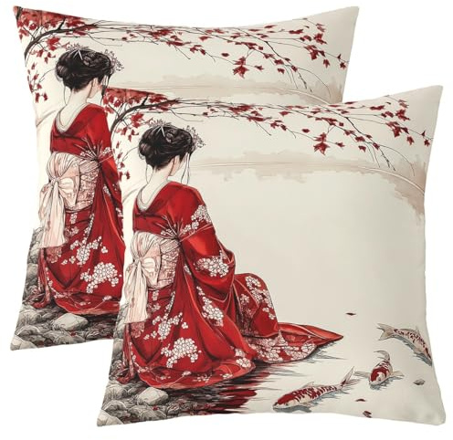 Loussiesd Japan Geisha 2er Set Kissenbezüge 50x50cm Japanischer Stil Kissenhülle Japanische Ukiyoe Kissenbezug Traditionelle Retro Thema Kopfkissenbezug Exotische Orientalische Sofakissen Couchkissen