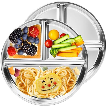 ZYEKIU 2 Piezas Plato Infantil de Acero Inoxidable, Plato Bebe Control de Porciones, Platos Niños 23 cm con Compartimentos, Vajilla Infantil para Camping Picnic Casa Escuela Cafetería