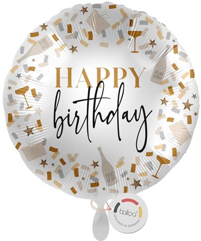 balloa Folienballon Happy Birthday, runder Helium Ballon als Geschenk zum Geburtstag, stilvolle Partydeko für Erwachsene, Folienballon zum Befüllen mit Luft oder Helium für Geburtstagsfeier, 33cm