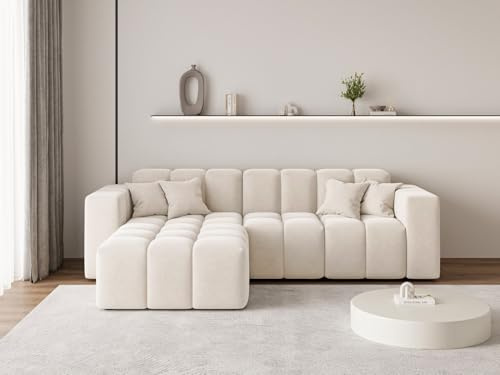 GRAINGOLD Loopo Ecksofa 265x180 cm, L-Form Sofa, Ecksofa für Wohnzimmer, Velour, 3-Sitzer Eckcouch, Modernes Design (Creme, Links)