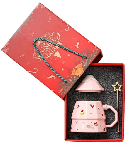 HSTWODE Taza de Navidad de 350 ml, taza de cerámica para árbol de Navidad, taza de té con leche, tazas de Navidad con tapa, taza de café creativa para cumpleaños, regalos de Navidad (rosa)