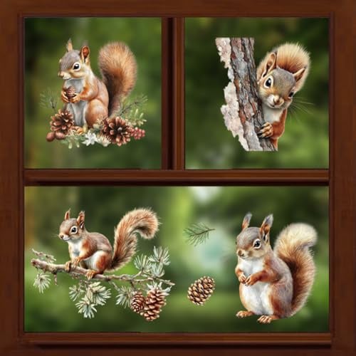 Peacoblue Fensteraufkleber 120x30cm,Eichhörnchen&Tannenzapfen Fensterbilder | Doppelseitiger statischer Fenstersticker selbstklebend,Wasserfest und abnehmbar für Klassenzimmer,Glasfenster Dekoration