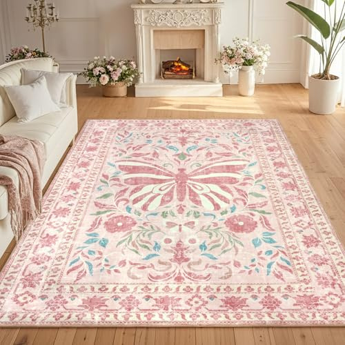 TUKDAK Schmetterling Teppich Wohnzimmer 160x230cm, Moderner Kurzflor Teppich Schlafzimmer, Waschbar Anti-Rutsch Teppiche Teppichen für Kinderzimmer, Frühling Sommer Teppiche