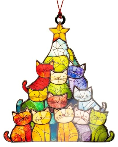 Katzen Deko für Weihnachtsbaum, bunter Christbaumanhänger Katze aus Acryl, lustige Katzen Weihnachtsdeko, katzenfigur für weihnachtsschmuck, Geschenke für Frauen & Geschenke für Katzenliebhaber
